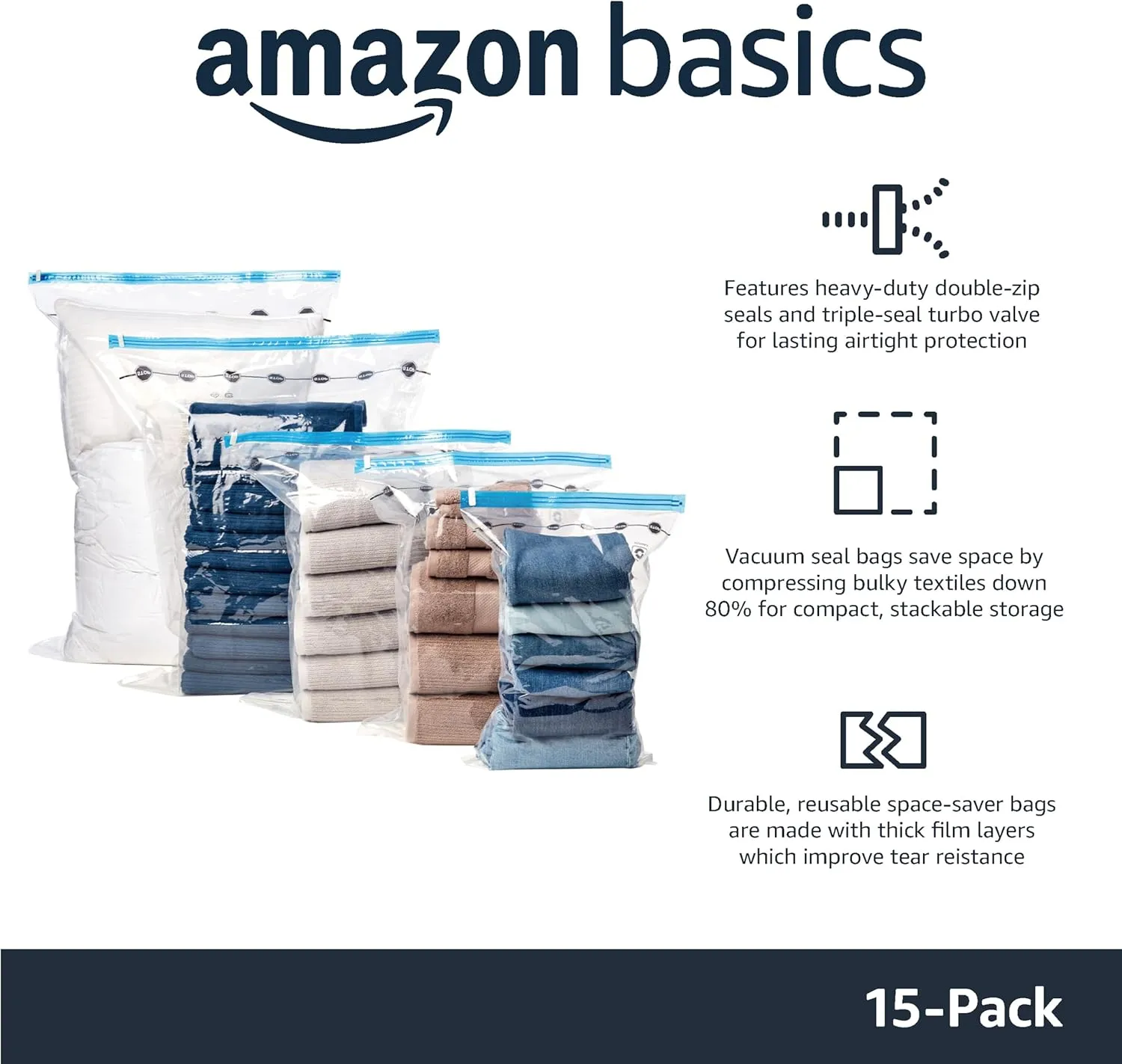 Amazon Basics Vacuum Compression Space Saving Storage Bags with Hand Pump for Clothes Packing, Pack of 15, Multiple Sizes, White