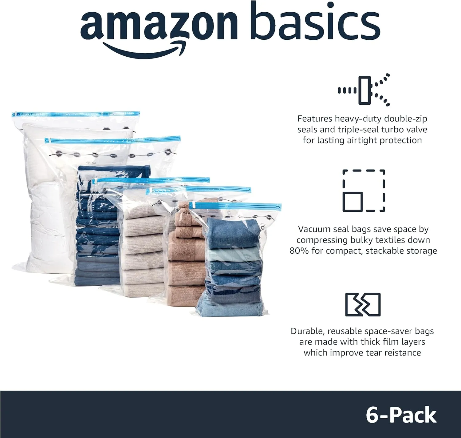 Amazon Basics Vacuum Compression Space Saving Storage Bags with Hand Pump, Jumbo, Pack of 6, Clear, Zipper