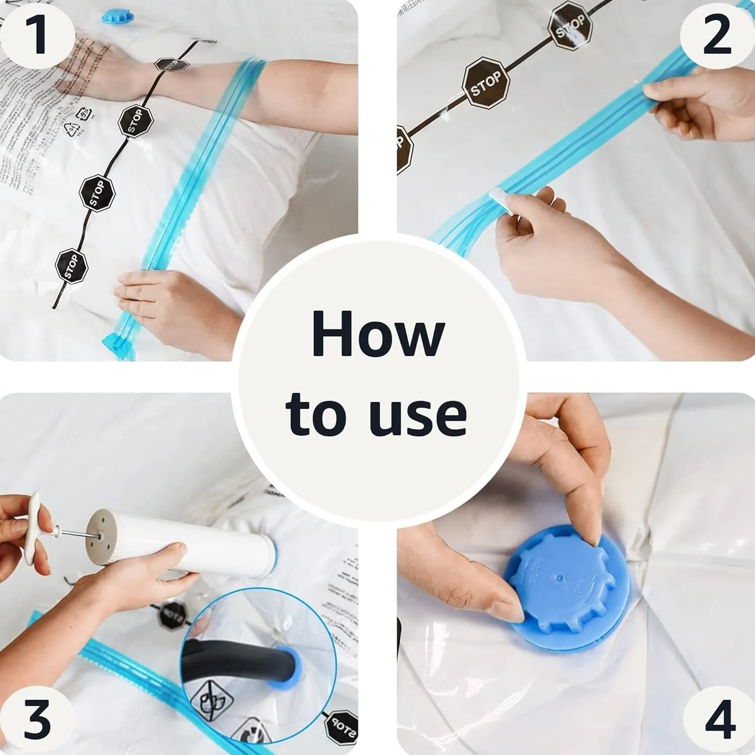 Amazon Basics Vacuum Compression Space Saving Storage Bags with Hand Pump, Jumbo, Pack of 6, Clear, Zipper