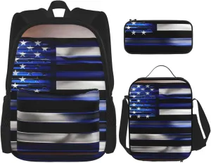 American Thin Blue Line Flag Print Versatile Adjustable Shoulder Fashion Backpack Lunch Bag Pencil Case Large Capacity