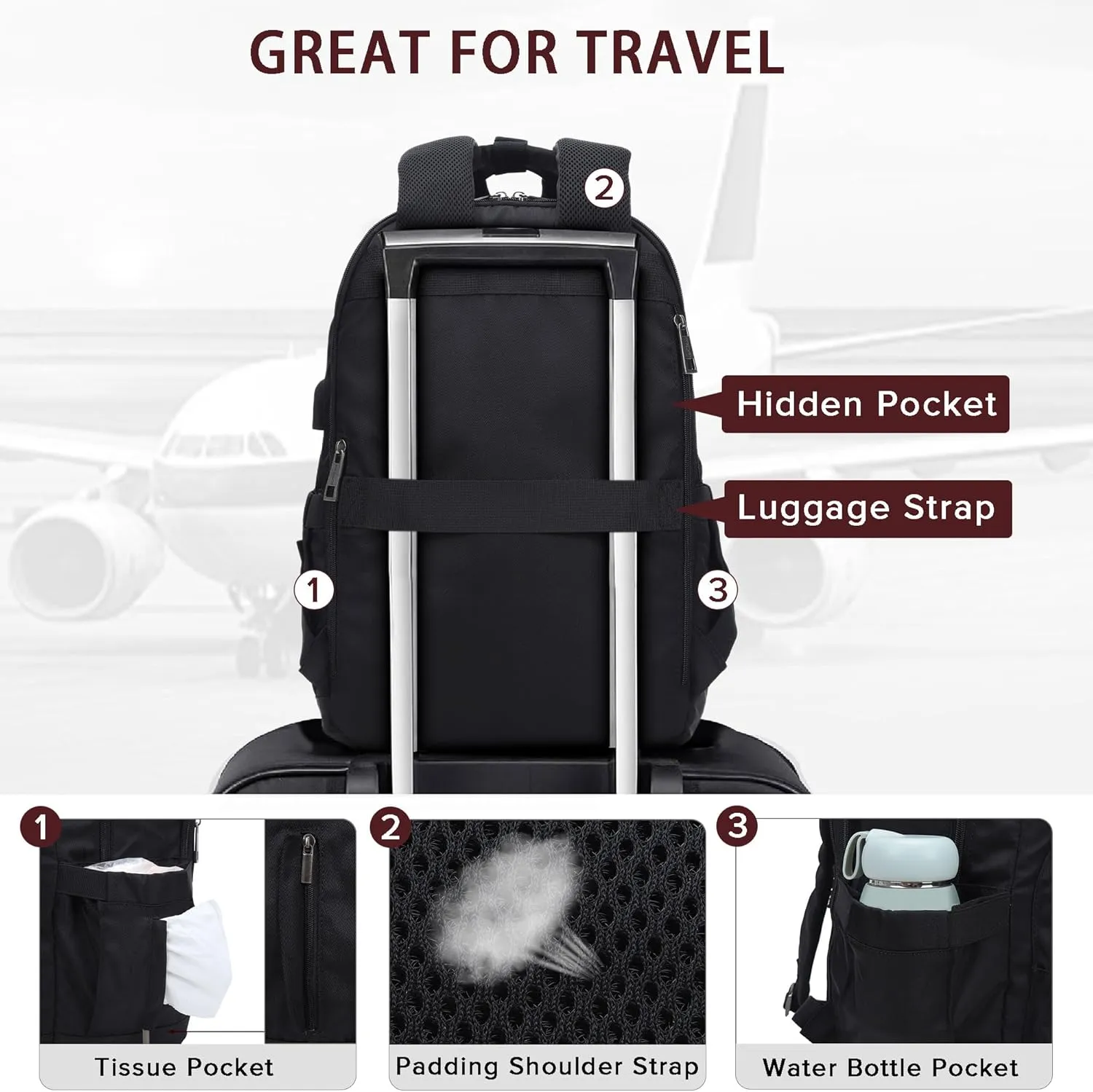 Angel Kiss Backpack Purse for Women, Large Travel Backpack with USB Port, Anti-Theft Design, Water-Resistant Daypack for Casual and Business for Work Black