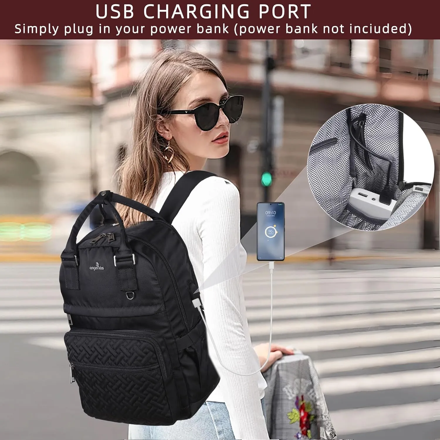 Angel Kiss Backpack Purse for Women, Large Travel Backpack with USB Port, Anti-Theft Design, Water-Resistant Daypack for Casual and Business for Work Black