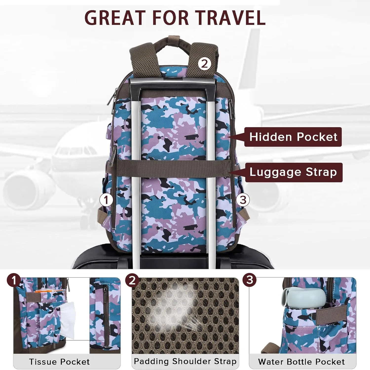 Angel Kiss Backpack Purse for Women, Large Travel Backpack with USB Port, Anti-Theft Design, Water-Resistant Daypack for Casual and Business for Work Camo-Green