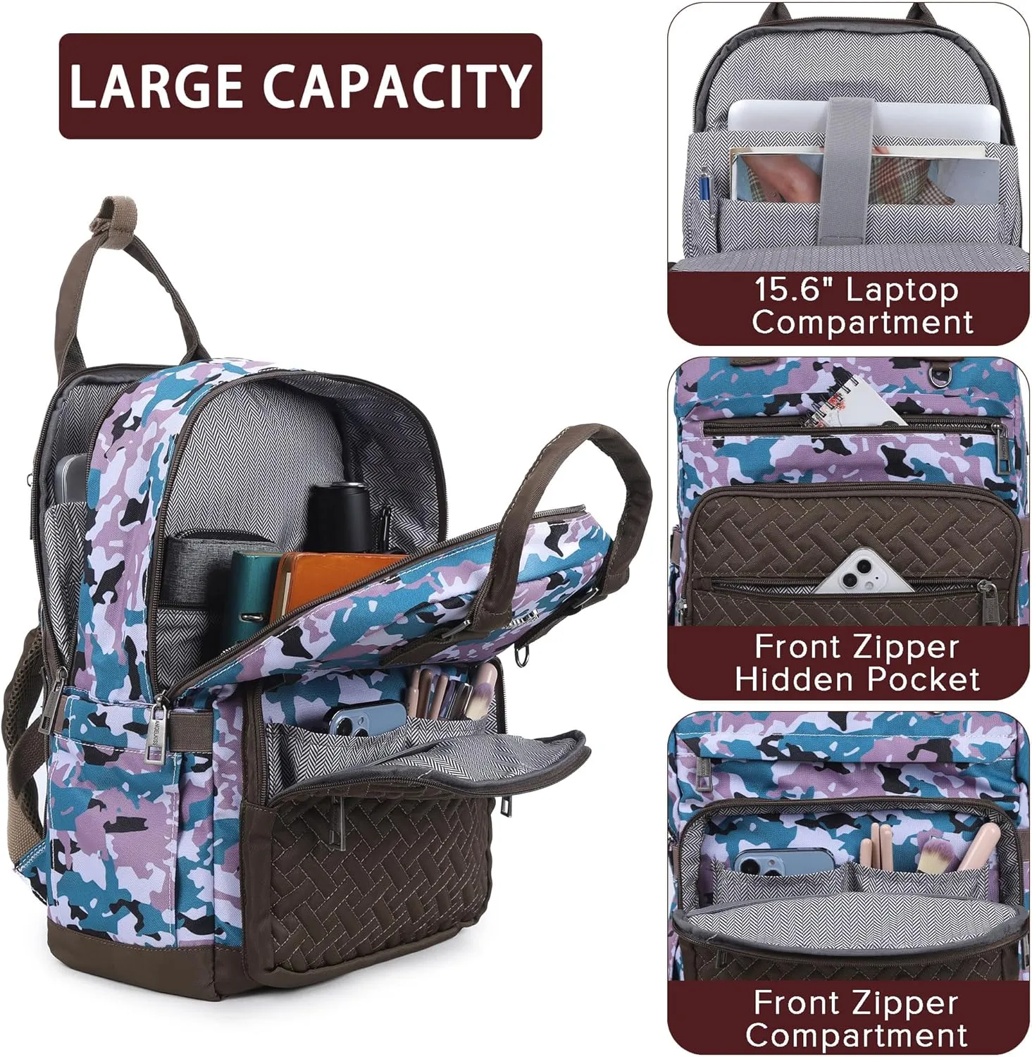 Angel Kiss Backpack Purse for Women, Large Travel Backpack with USB Port, Anti-Theft Design, Water-Resistant Daypack for Casual and Business for Work Camo-Green