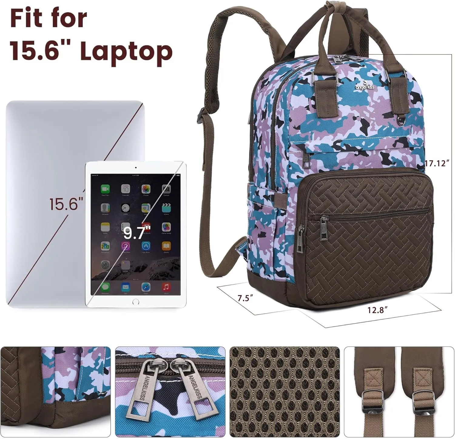 Angel Kiss Backpack Purse for Women, Large Travel Backpack with USB Port, Anti-Theft Design, Water-Resistant Daypack for Casual and Business for Work Camo-Green