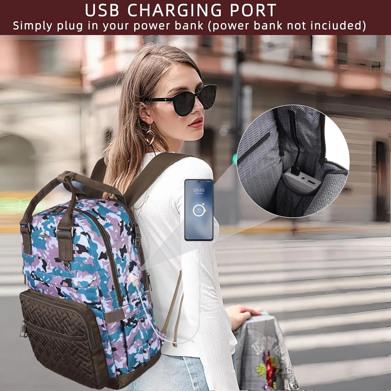 Angel Kiss Backpack Purse for Women, Large Travel Backpack with USB Port, Anti-Theft Design, Water-Resistant Daypack for Casual and Business for Work Camo-Green