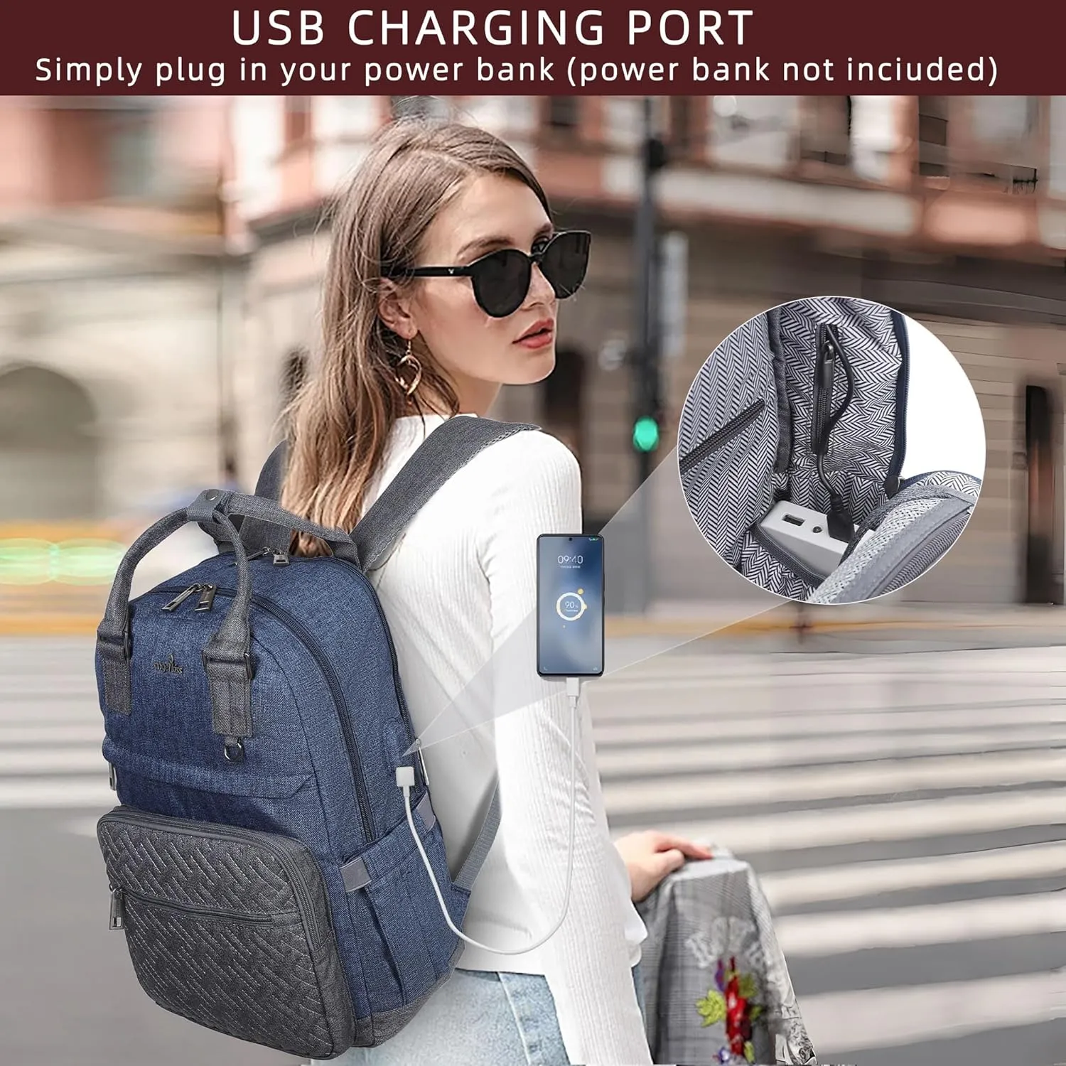Angel Kiss Backpack Purse for Women, Large Travel Backpack with USB Port, Anti-Theft Design, Water-Resistant Daypack for Casual and Business for Work Navy