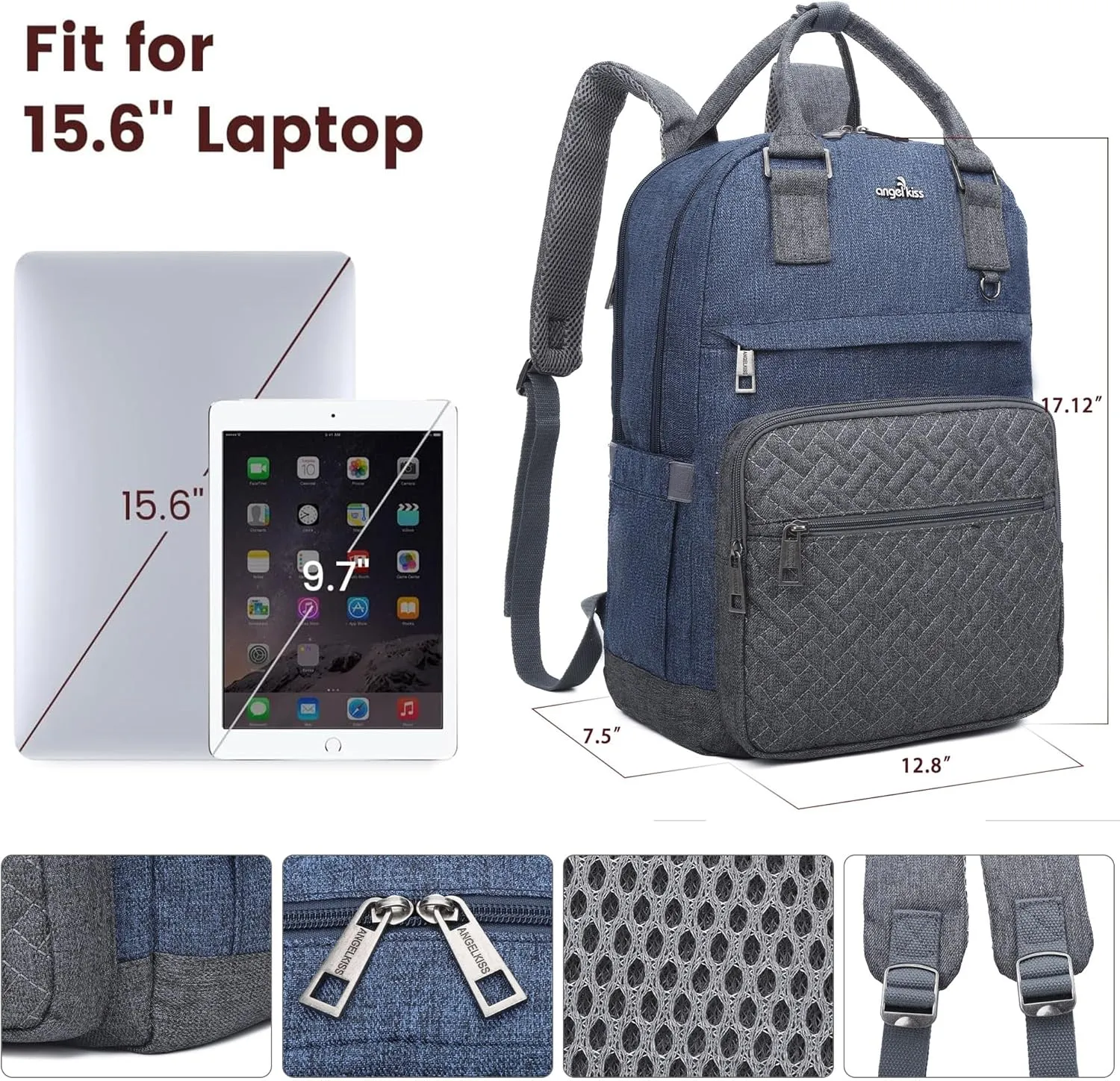 Angel Kiss Backpack Purse for Women, Large Travel Backpack with USB Port, Anti-Theft Design, Water-Resistant Daypack for Casual and Business for Work Navy