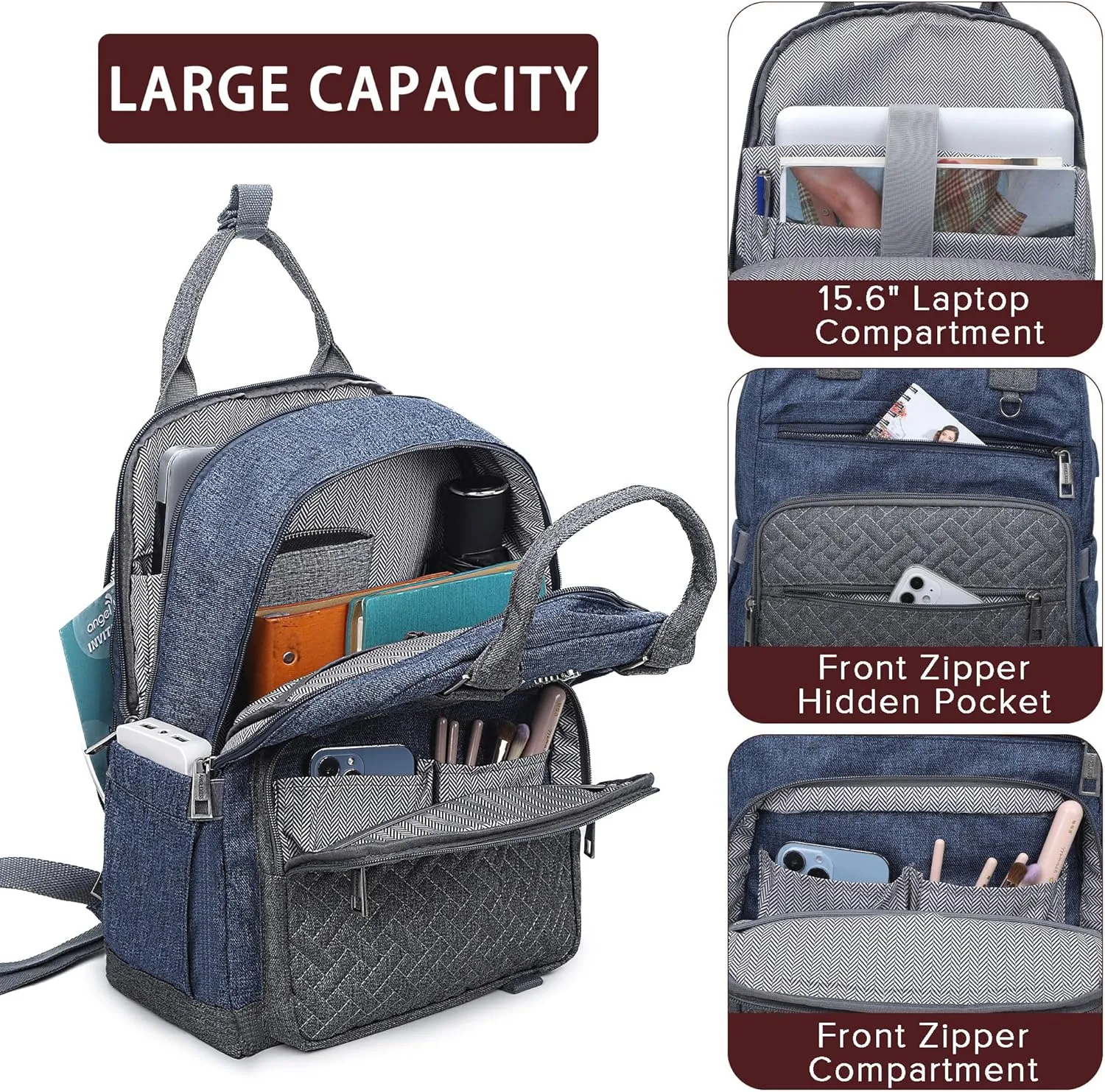 Angel Kiss Backpack Purse for Women, Large Travel Backpack with USB Port, Anti-Theft Design, Water-Resistant Daypack for Casual and Business for Work Navy