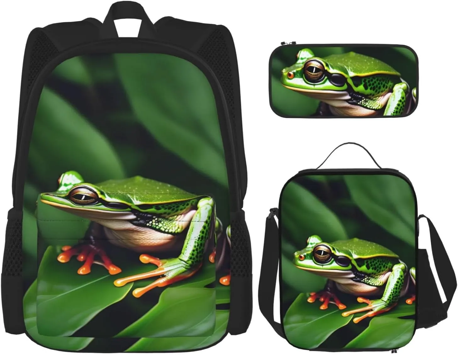Animal Frog Green Leaf Leaves Print Versatile Adjustable Shoulder Fashion Backpack Lunch Bag Pencil Case Large Capacity