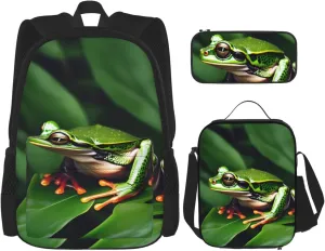 Animal Frog Green Leaf Leaves Print Versatile Adjustable Shoulder Fashion Backpack Lunch Bag Pencil Case Large Capacity