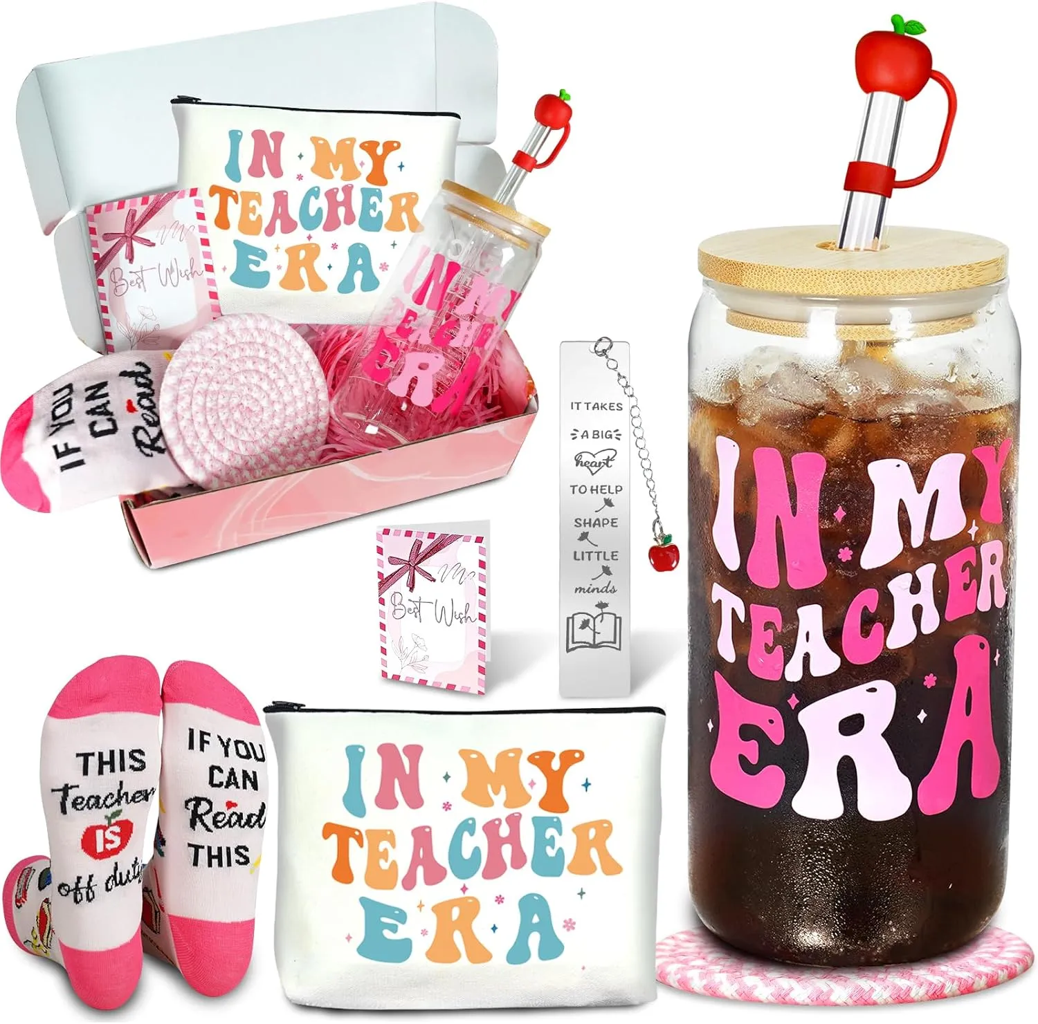 ANOTION Teacher Gifts - End of Year Teacher Gifts, IN MY TEACHER ERA Iced Coffee Cup, Socks, Makeup Bag, Bookmark, Gift Set for Women, Appreciation, Retirement, Birthday, Graduation & Bulk Gift