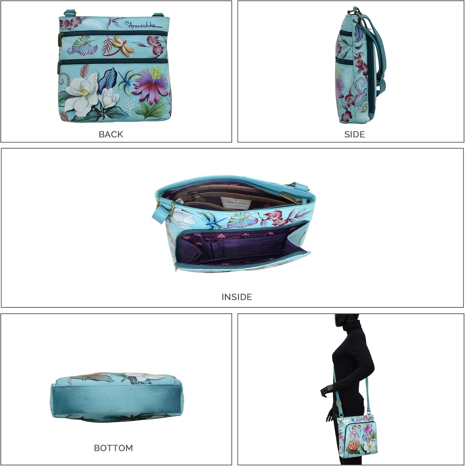 Anuschka Women's Original Hand-Painted Leather Crossbody with Front Zip Organizer & RFID Card Protection