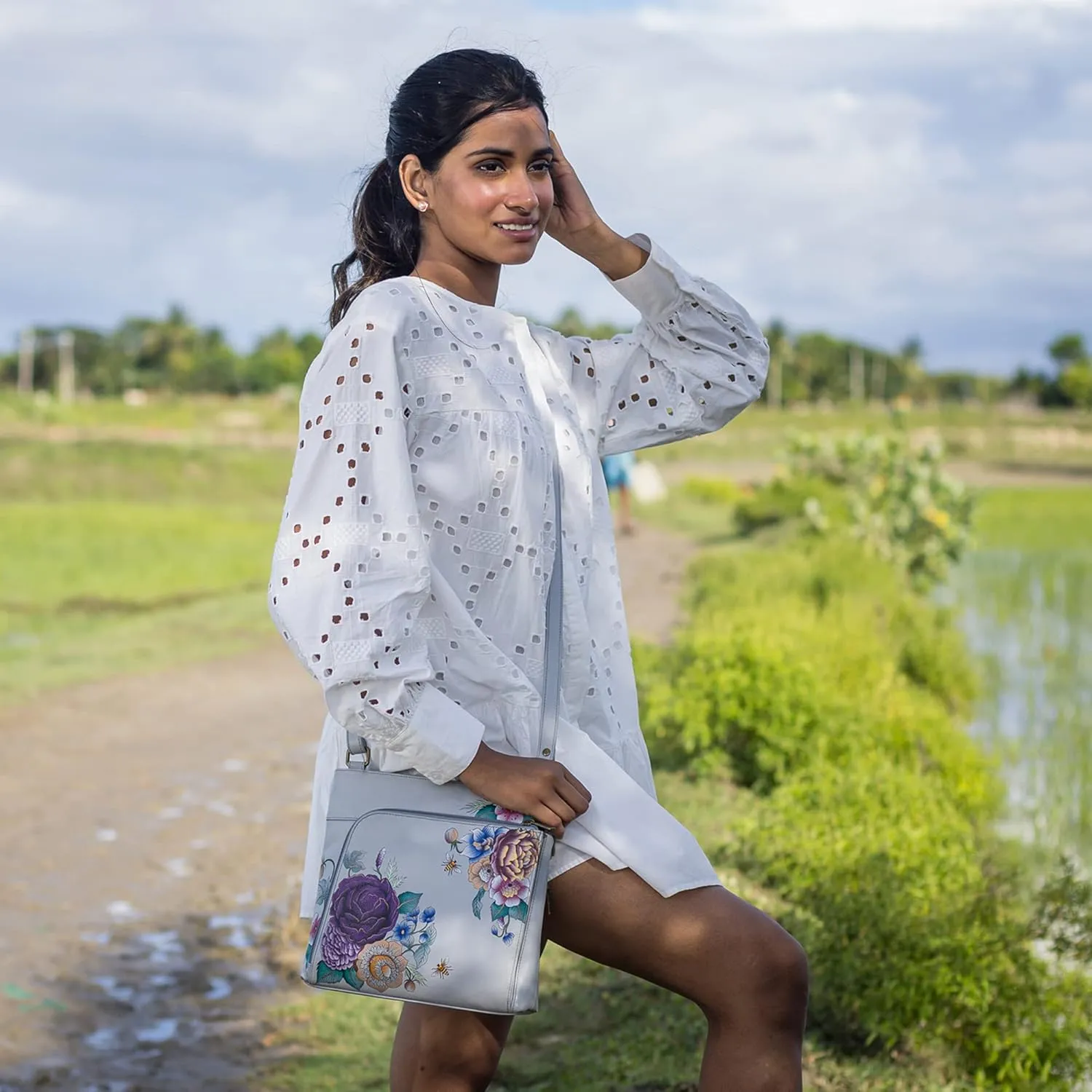 Anuschka Women's Original Hand-Painted Leather Crossbody with Front Zip Organizer & RFID Card Protection