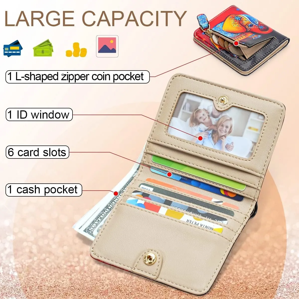 APHISON Womens Wallet, Slim Small Wallet for Women RFID Wallet Women Cartoon Microfiber Leather with ID Credit Card Holder Zipper Coin Pocket Bifold Compact Wallet Elephant