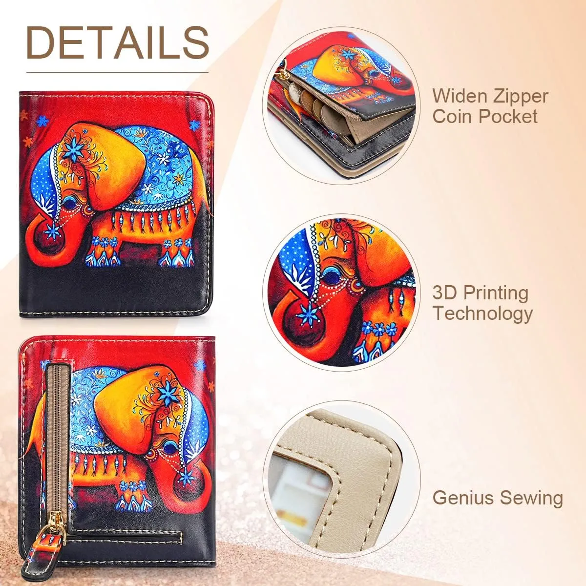 APHISON Womens Wallet, Slim Small Wallet for Women RFID Wallet Women Cartoon Microfiber Leather with ID Credit Card Holder Zipper Coin Pocket Bifold Compact Wallet Elephant