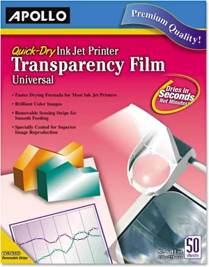 Apollo Transparency Film for Inkjet Printers, Universal, Quick Dry, 50 Sheets/Pack (VCG7033S)