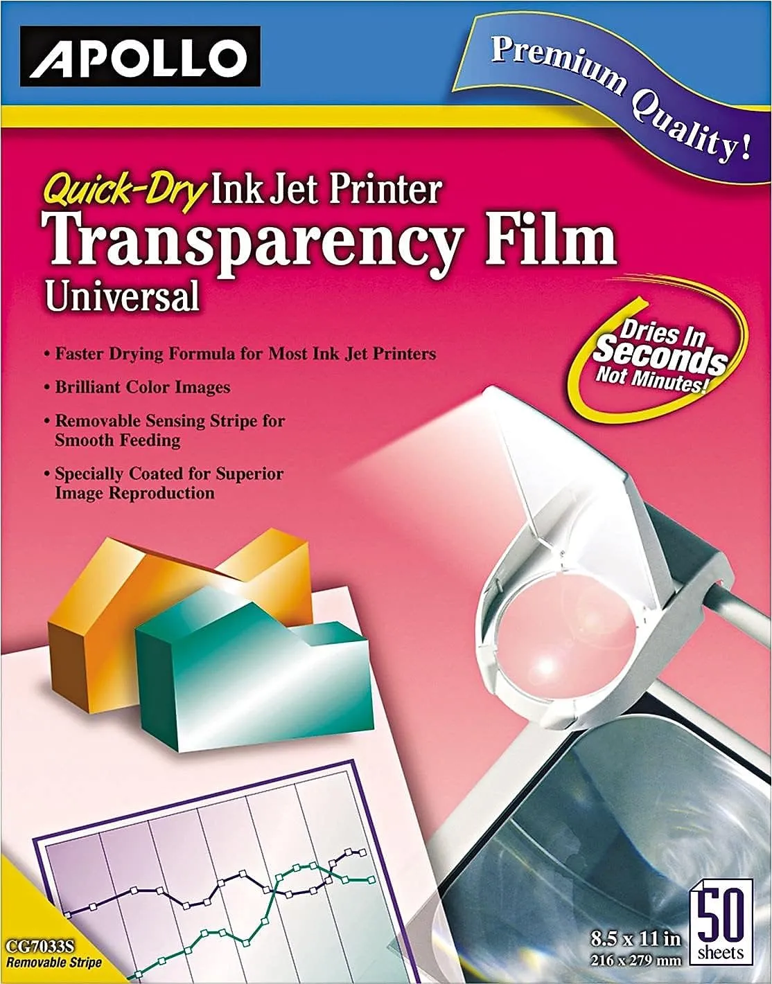 Apollo Transparency Film for Inkjet Printers, Universal, Quick Dry, 50 Sheets/Pack (VCG7033S)