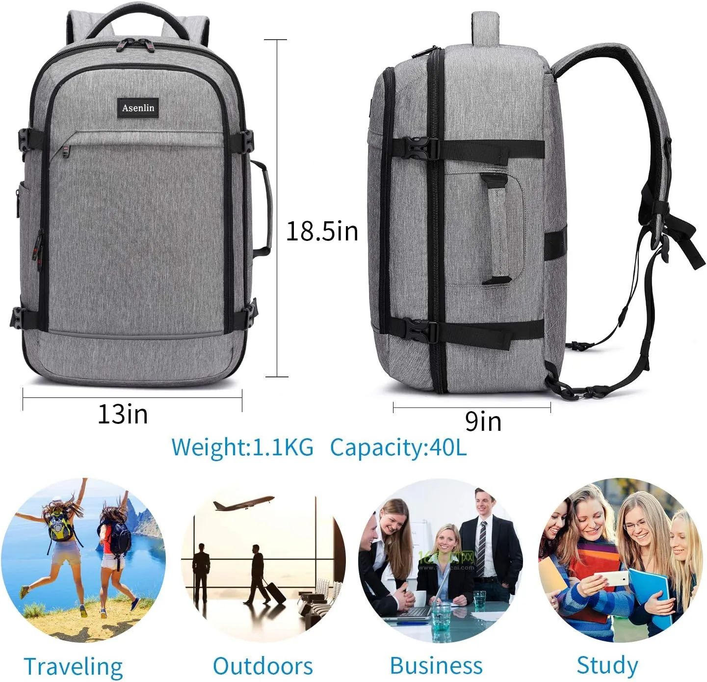 Asenlin 40L Travel Backpack for Women Men，17 Inch Laptop Backpack Flight Approved Luggage Carry On Water Resistant Computer Backpack for Weekender Overnight Large Daypack Grey