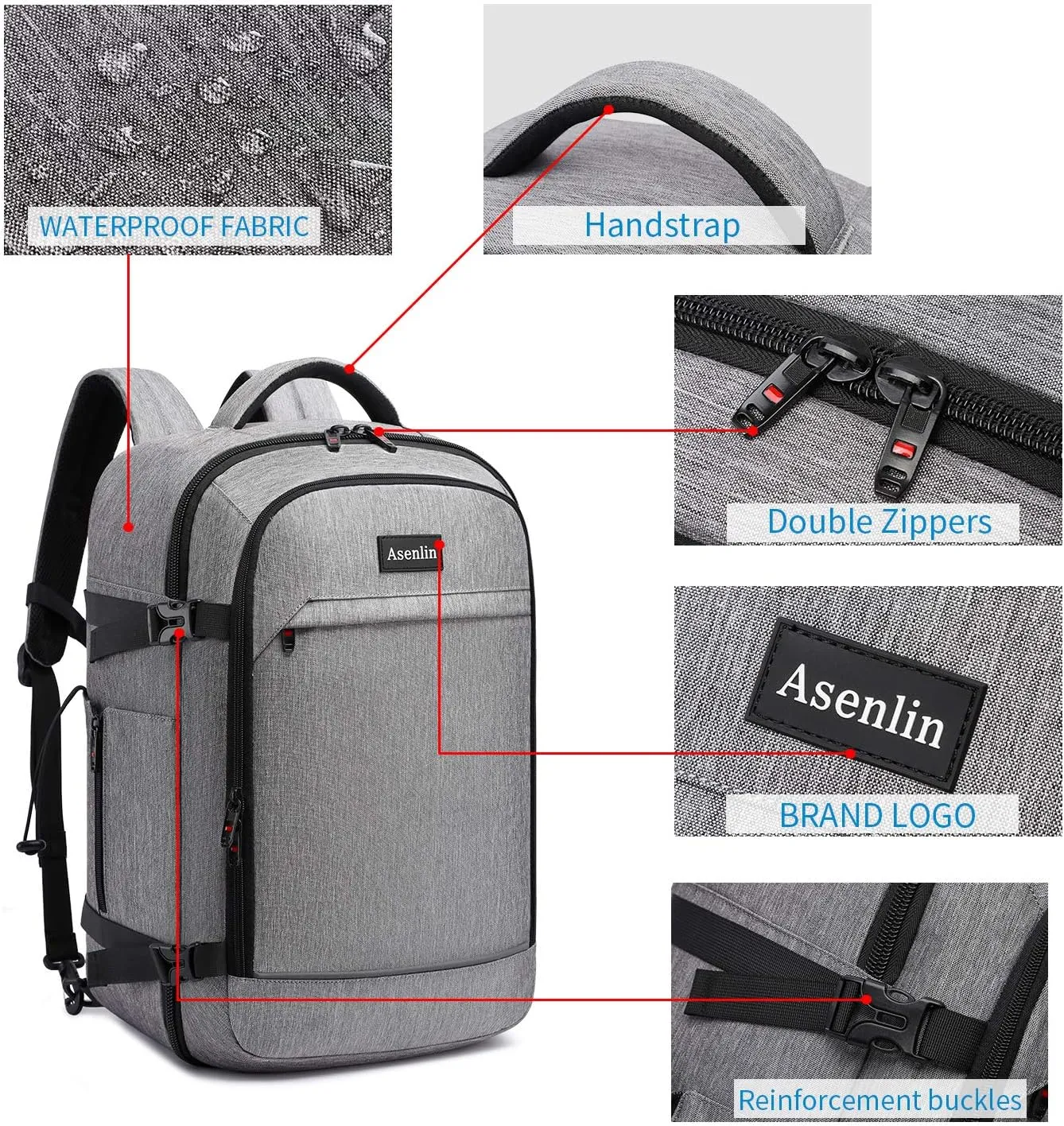 Asenlin 40L Travel Backpack for Women Men，17 Inch Laptop Backpack Flight Approved Luggage Carry On Water Resistant Computer Backpack for Weekender Overnight Large Daypack Grey