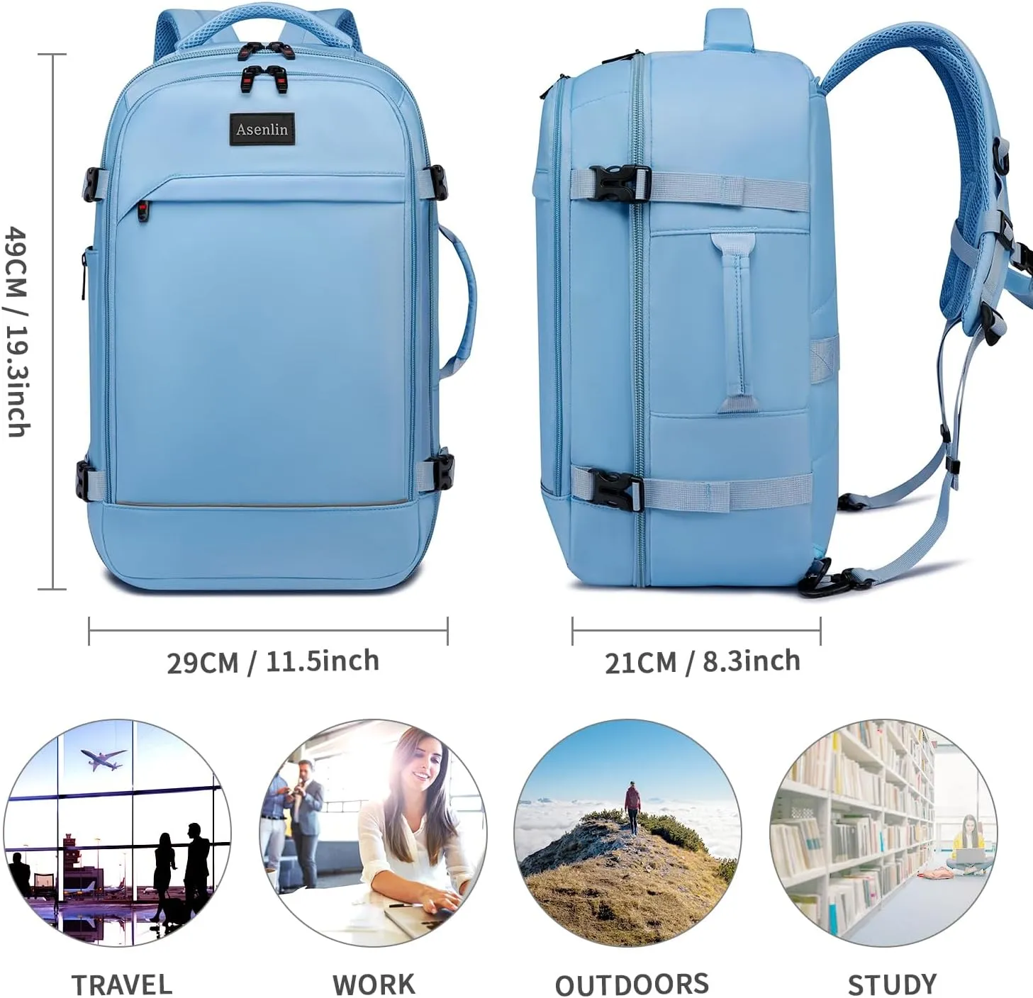 Asenlin 40L Travel Backpack for Women Men，17 Inch Laptop Backpack Flight Approved Luggage Carry On Water Resistant for Weekender Overnight Large Daypack Light Blue