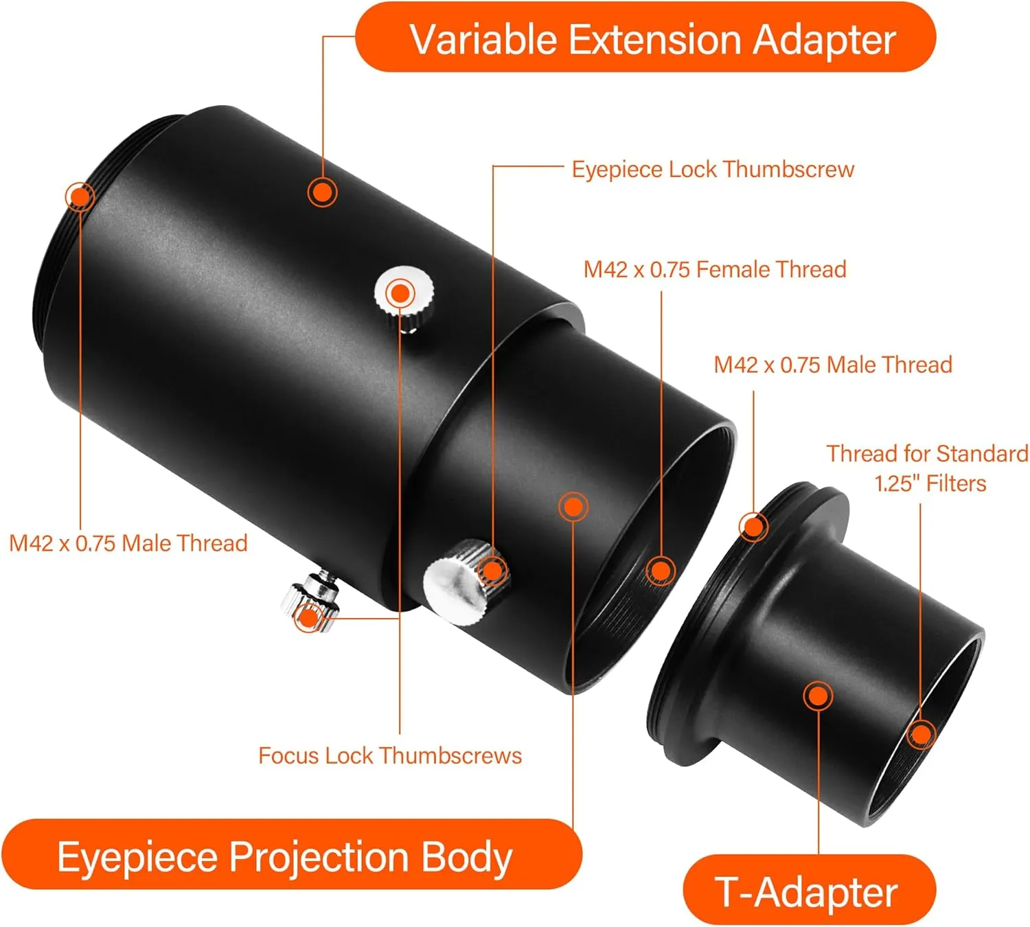 Astromania Telescope Photo Adapters, Metal Extendable Camera Adapter for Telescope with 1.25 inch T Adapter, Compatible for Prime-Focus Or Eyepiece-Projection, Canon EOS Nikon SLR Cameras Photography