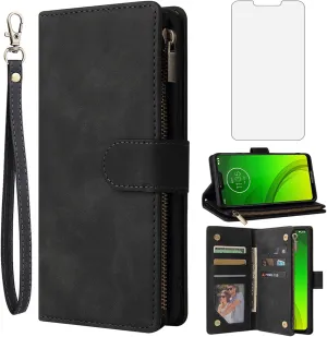 Asuwish Compatible with Moto G7 Power/MotoG7 Supra/Moto7 Optimo Max Wallet Case Tempered Glass Screen Protector and Card Holder Cell Phone Cases for Motorola MotoG7Power G 7 7G G7Power 7th Gen Black
