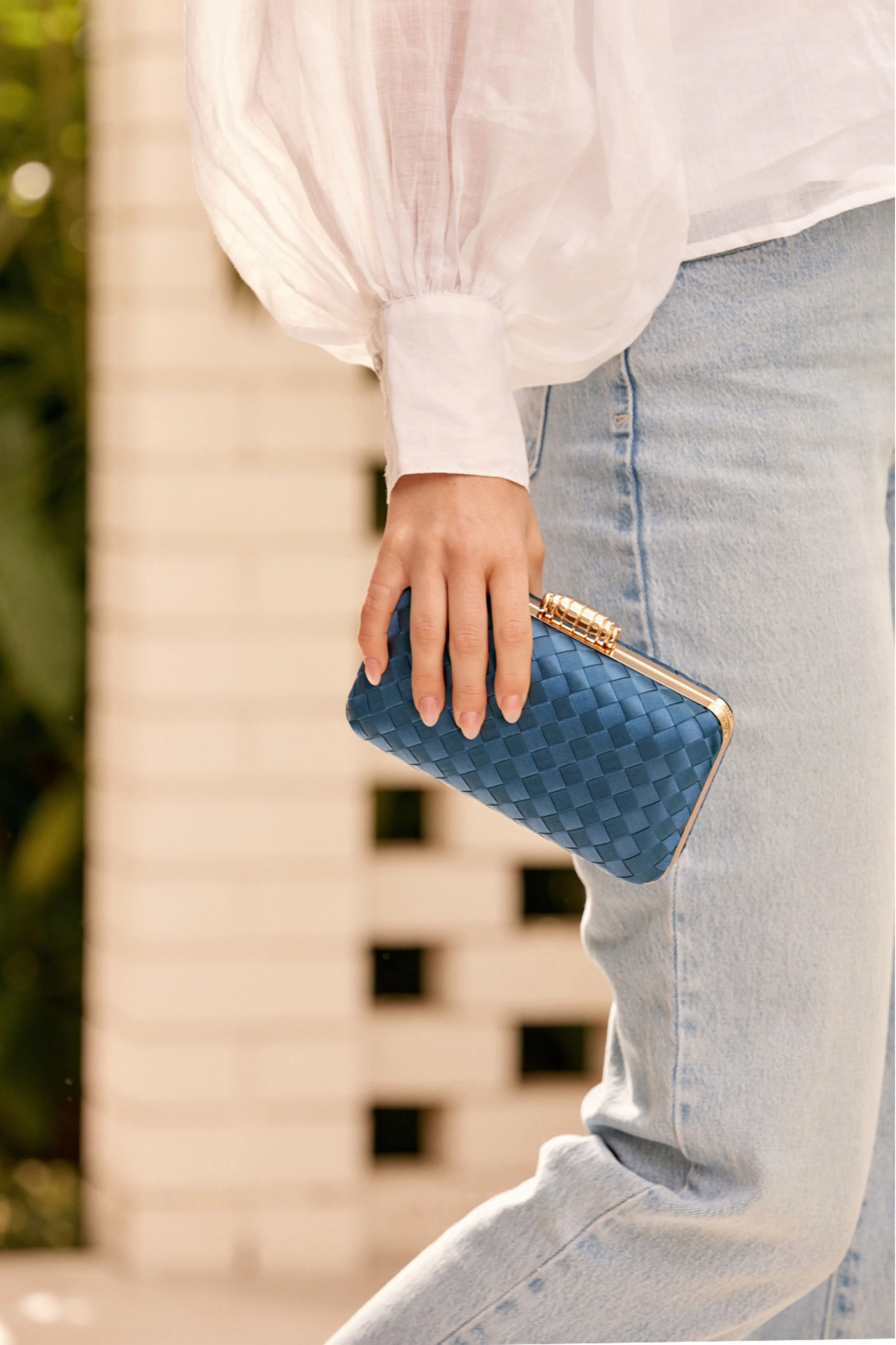 Aurelia Satin Plait Structured Clutch - Navy