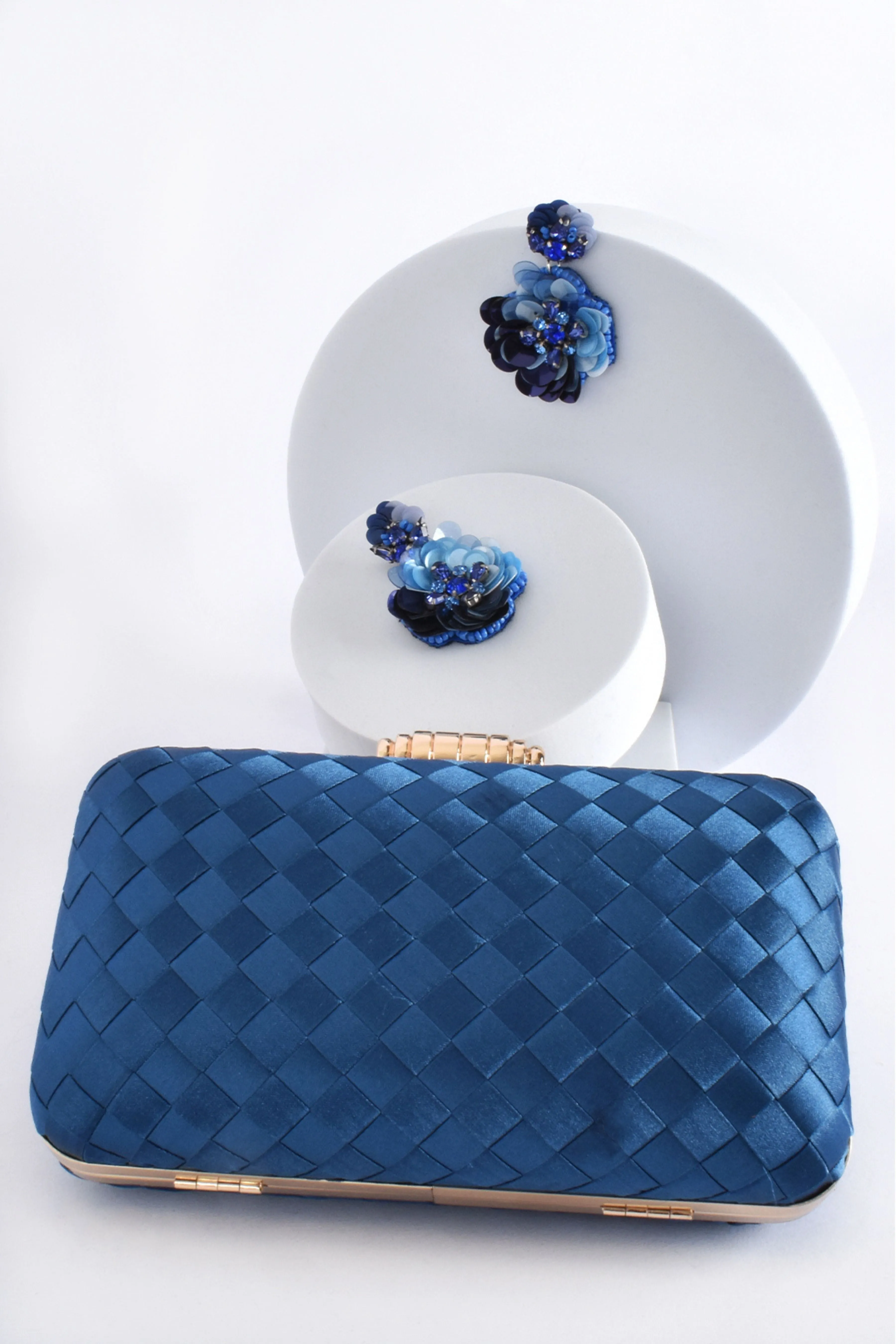 Aurelia Satin Plait Structured Clutch - Navy