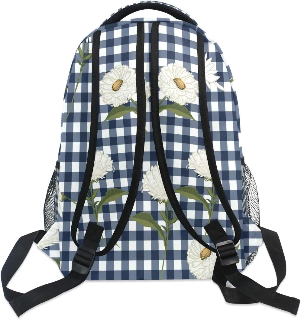 AUUXVA Backpack Classic Rustic Plaid Chrysanthemum Flower School Shoulder Bag Large Waterproof Durable Bookbag Laptop Daypack for Students Kids Teens Girls Boys Elementary