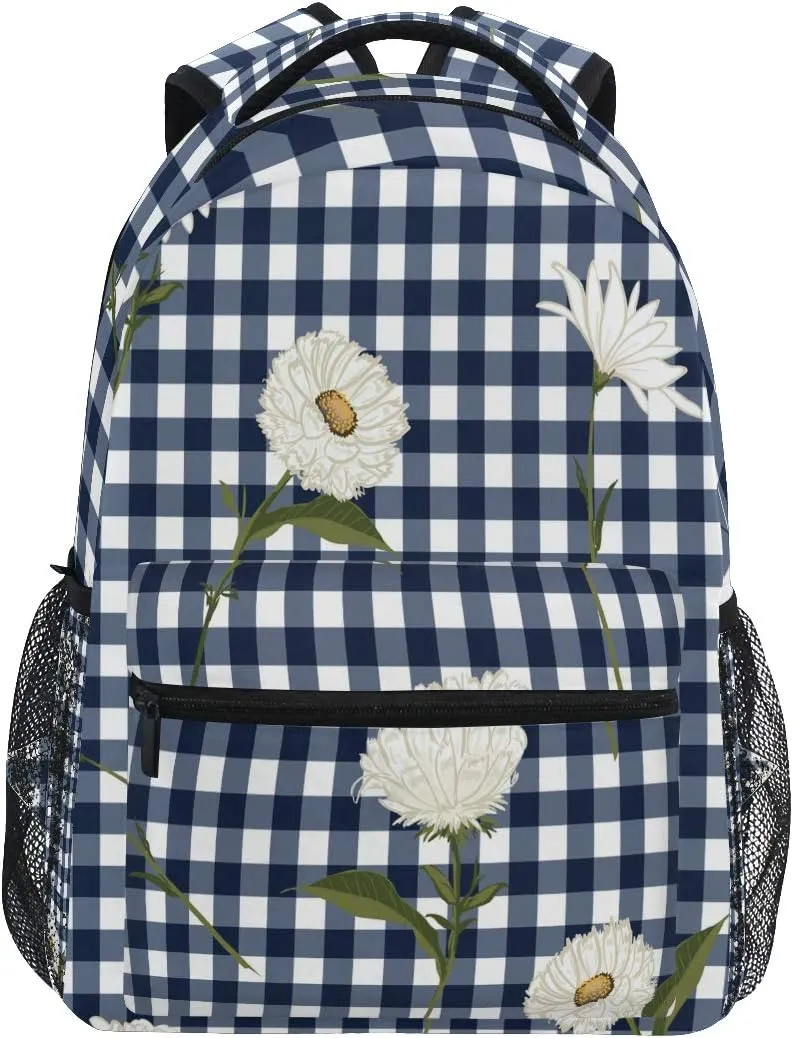AUUXVA Backpack Classic Rustic Plaid Chrysanthemum Flower School Shoulder Bag Large Waterproof Durable Bookbag Laptop Daypack for Students Kids Teens Girls Boys Elementary