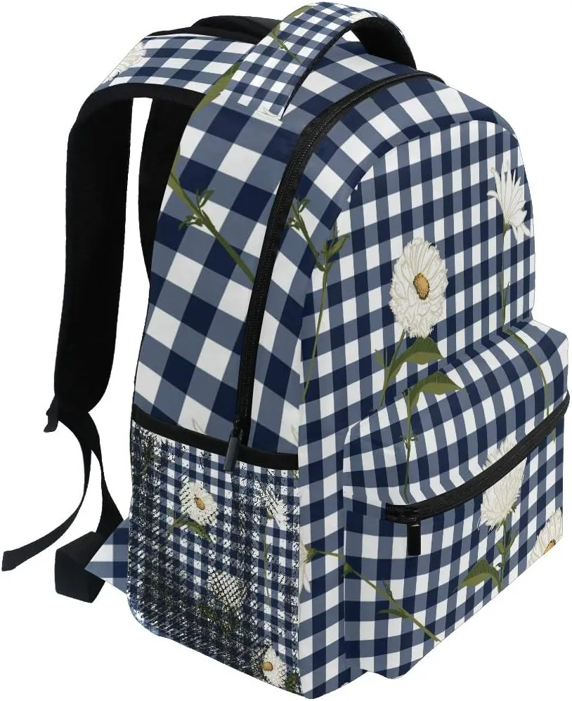 AUUXVA Backpack Classic Rustic Plaid Chrysanthemum Flower School Shoulder Bag Large Waterproof Durable Bookbag Laptop Daypack for Students Kids Teens Girls Boys Elementary