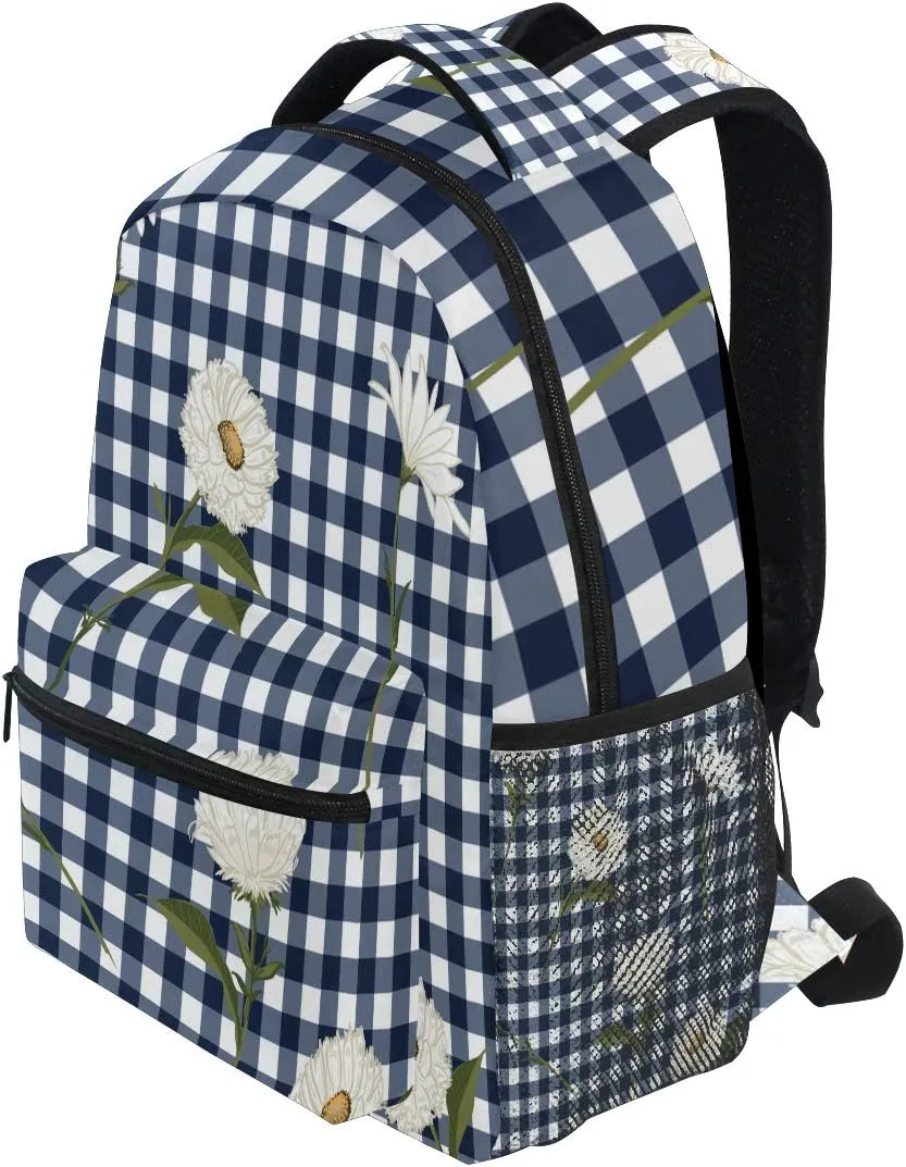 AUUXVA Backpack Classic Rustic Plaid Chrysanthemum Flower School Shoulder Bag Large Waterproof Durable Bookbag Laptop Daypack for Students Kids Teens Girls Boys Elementary