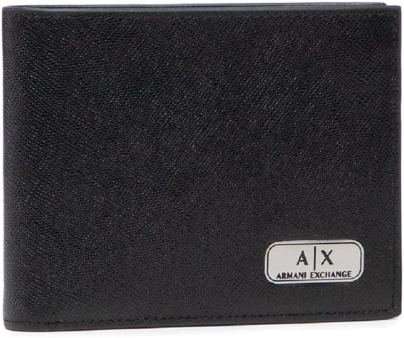 A|X ARMANI EXCHANGE mens Armani Exchange Plate Logo Saffiano Leather W/ Coin Pocket Trifold Wallet, Black, Small US