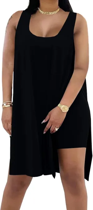 AXOSY Women's Plus Size 2 Piece Outfits Sleeveless Tunic Tops and Bodycon Biker Shorts Sets Tracksuits