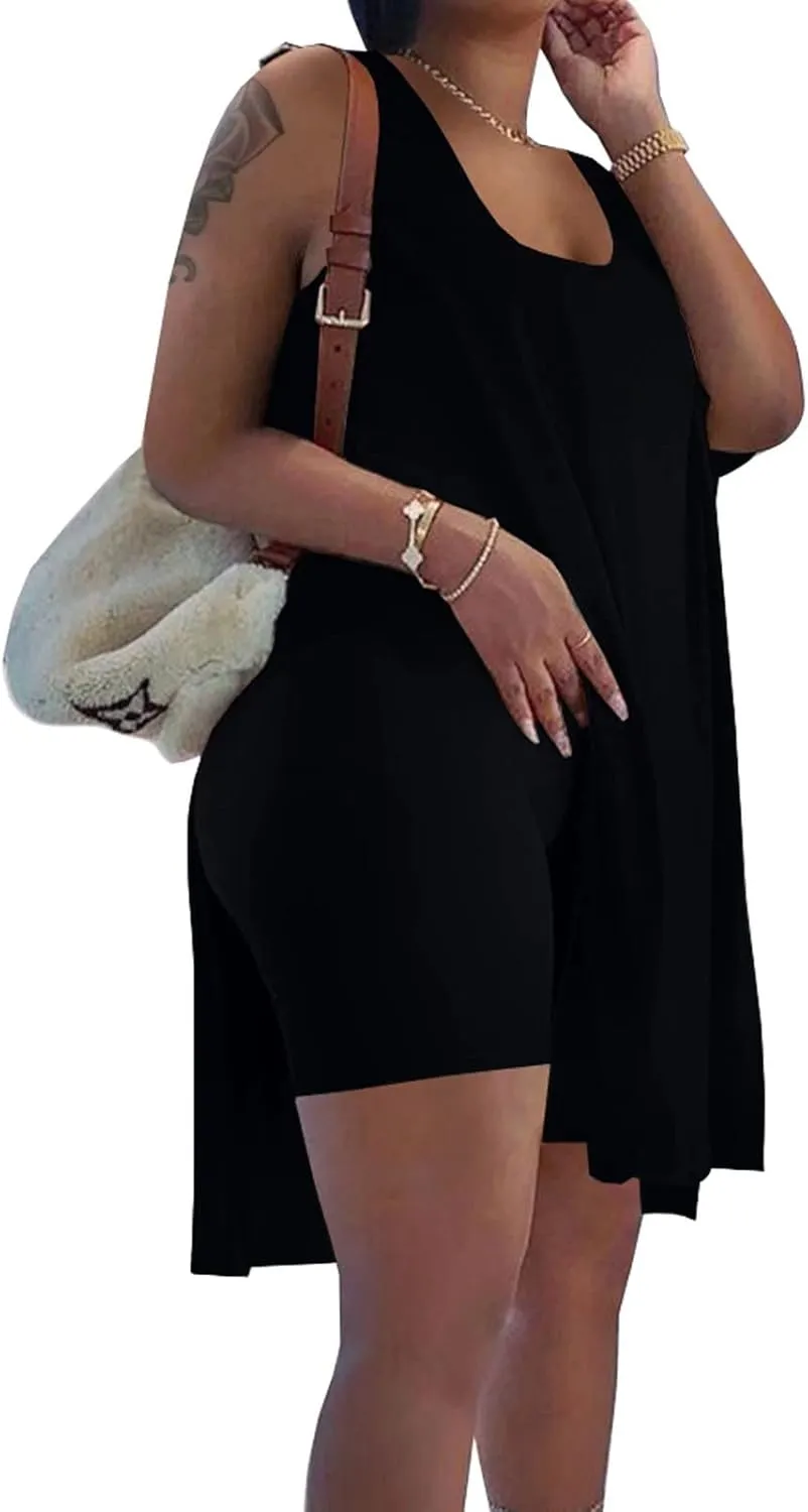 AXOSY Women's Plus Size 2 Piece Outfits Sleeveless Tunic Tops and Bodycon Biker Shorts Sets Tracksuits