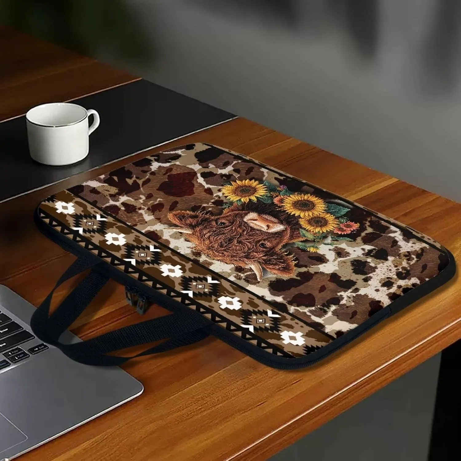 Aztec Sunflower Highland Cow Print Laptop Sleeve Case Portable Laptop Cover with Handle for Women Men Waterproof Tablet Briefcase Carrying Bag Notebook Computer Protector Case, 12inch