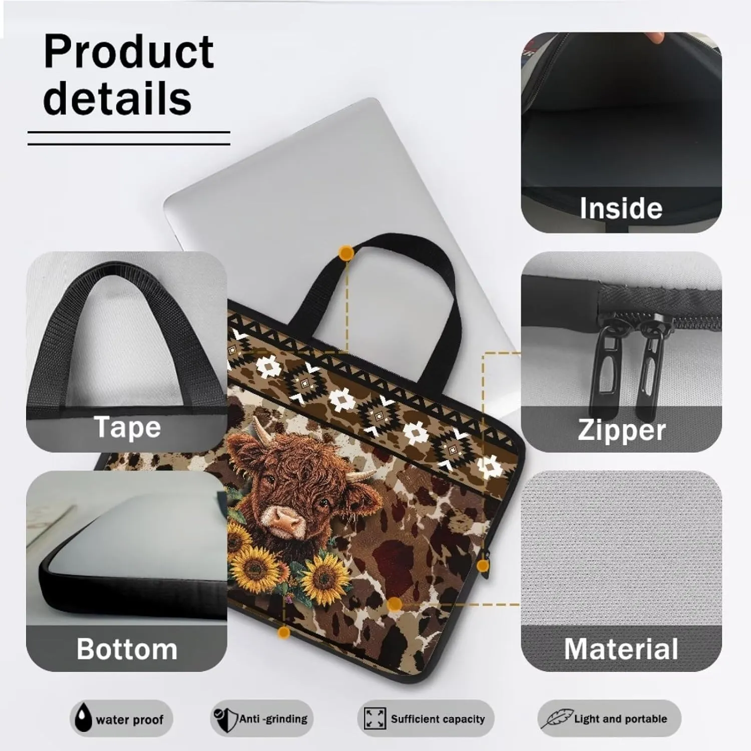 Aztec Sunflower Highland Cow Print Laptop Sleeve Case Portable Laptop Cover with Handle for Women Men Waterproof Tablet Briefcase Carrying Bag Notebook Computer Protector Case, 12inch