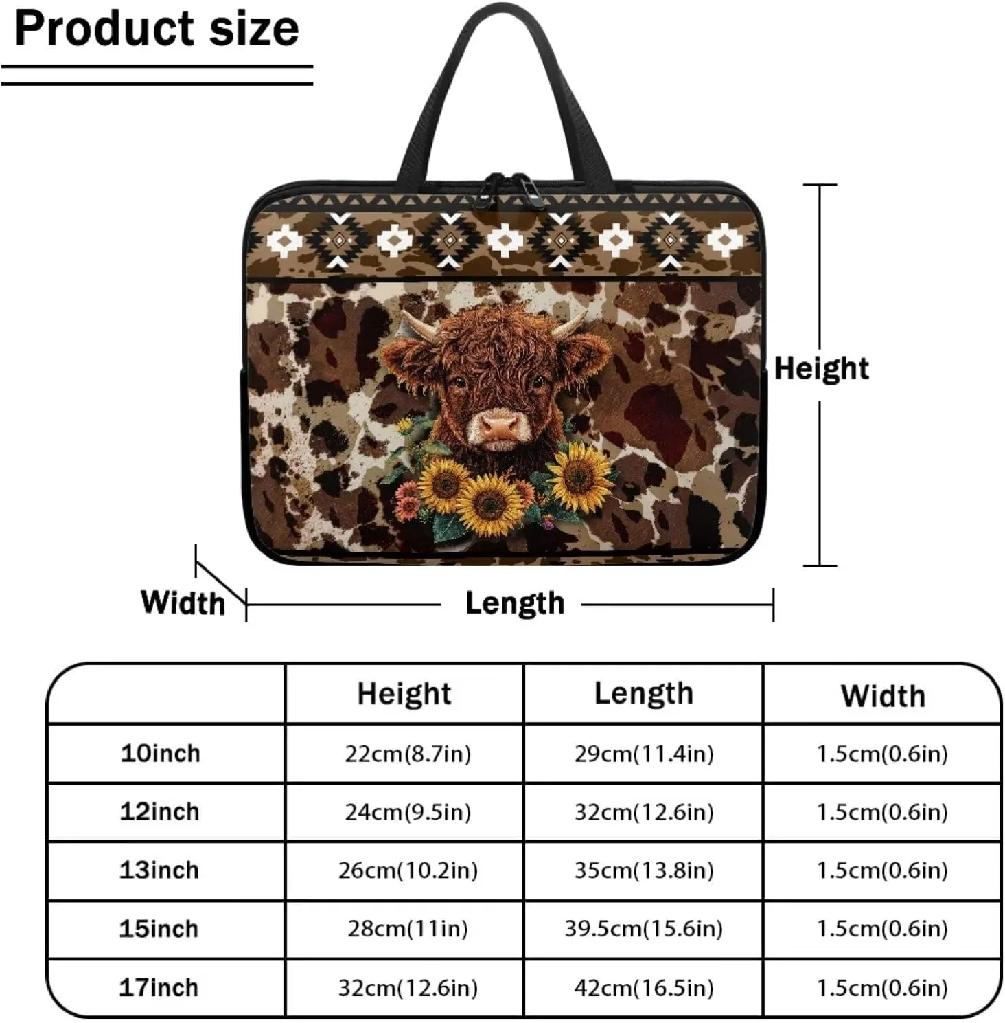 Aztec Sunflower Highland Cow Print Laptop Sleeve Case Portable Laptop Cover with Handle for Women Men Waterproof Tablet Briefcase Carrying Bag Notebook Computer Protector Case, 12inch