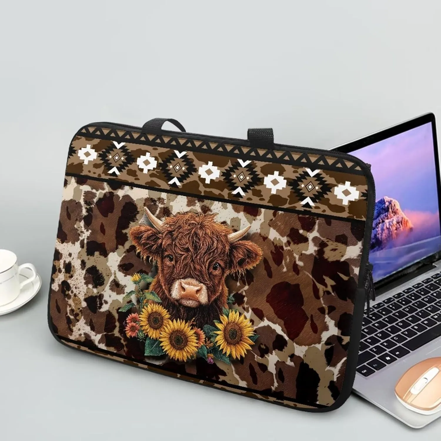 Aztec Sunflower Highland Cow Print Laptop Sleeve Case Portable Laptop Cover with Handle for Women Men Waterproof Tablet Briefcase Carrying Bag Notebook Computer Protector Case, 12inch
