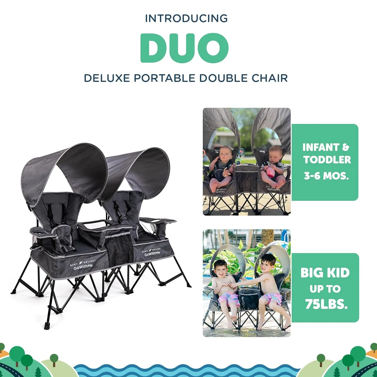 Baby Delight Go with Me Duo Deluxe Portable Chair | for Kids | Double Seat | Indoor and Outdoor | Grey
