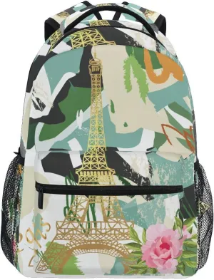 Backpack Daypack Watercolor Paris Eiffel Tower Green Shoulder Bag with Name Label Tag With Padded Shoulder Strap Large Medium Size