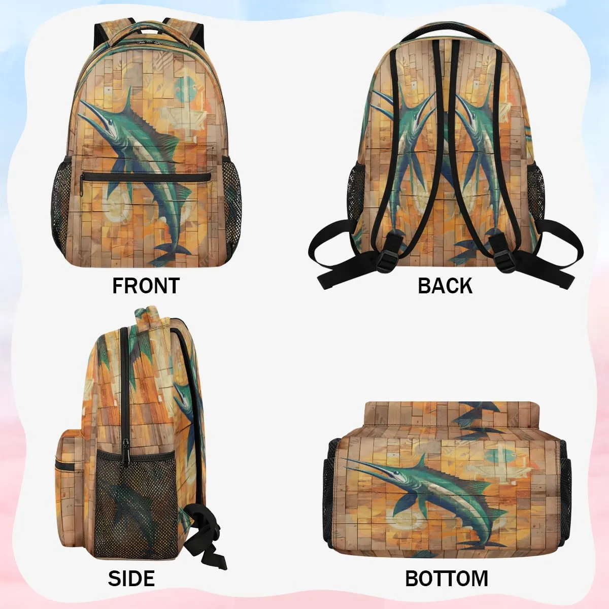 Backpack for Women Men, Waterproof Ocean Animal Casual Back Packs, Lightweight Swordfish Daypack Bags for Travel Camping Work