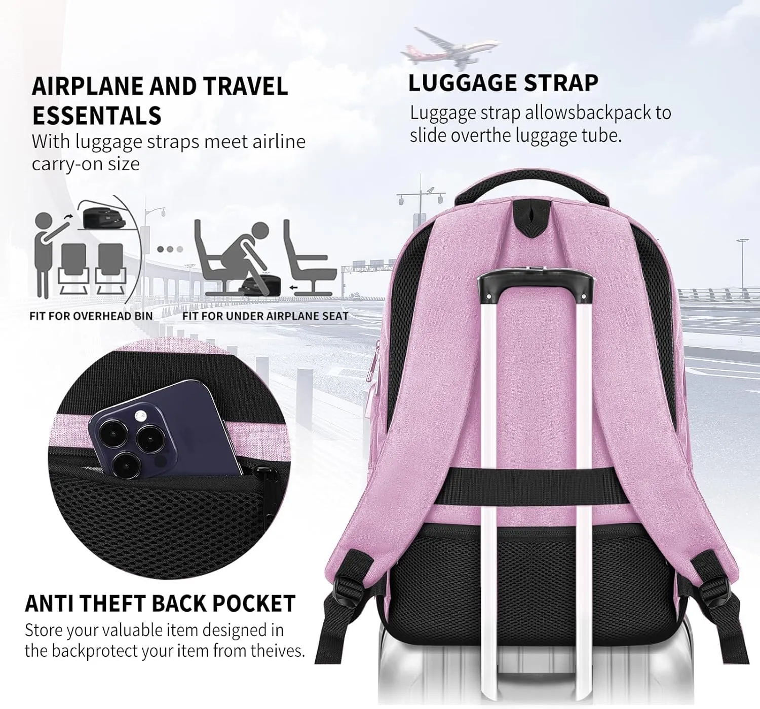 Backpack for Women, School Backpack for Girls, Work Business Back pack with USB Charging Port,Water Resistant College Computer Bookbag Fits 15.6 Inch Laptop,Back Pack,Mochilas Pink