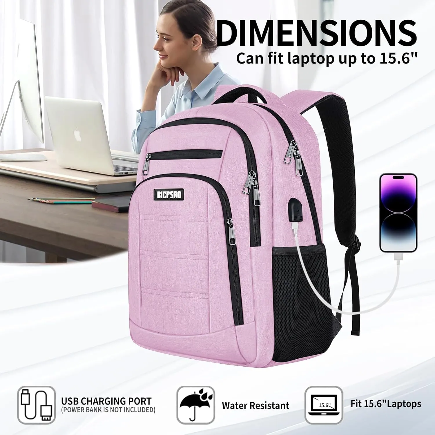 Backpack for Women, School Backpack for Girls, Work Business Back pack with USB Charging Port,Water Resistant College Computer Bookbag Fits 15.6 Inch Laptop,Back Pack,Mochilas Pink