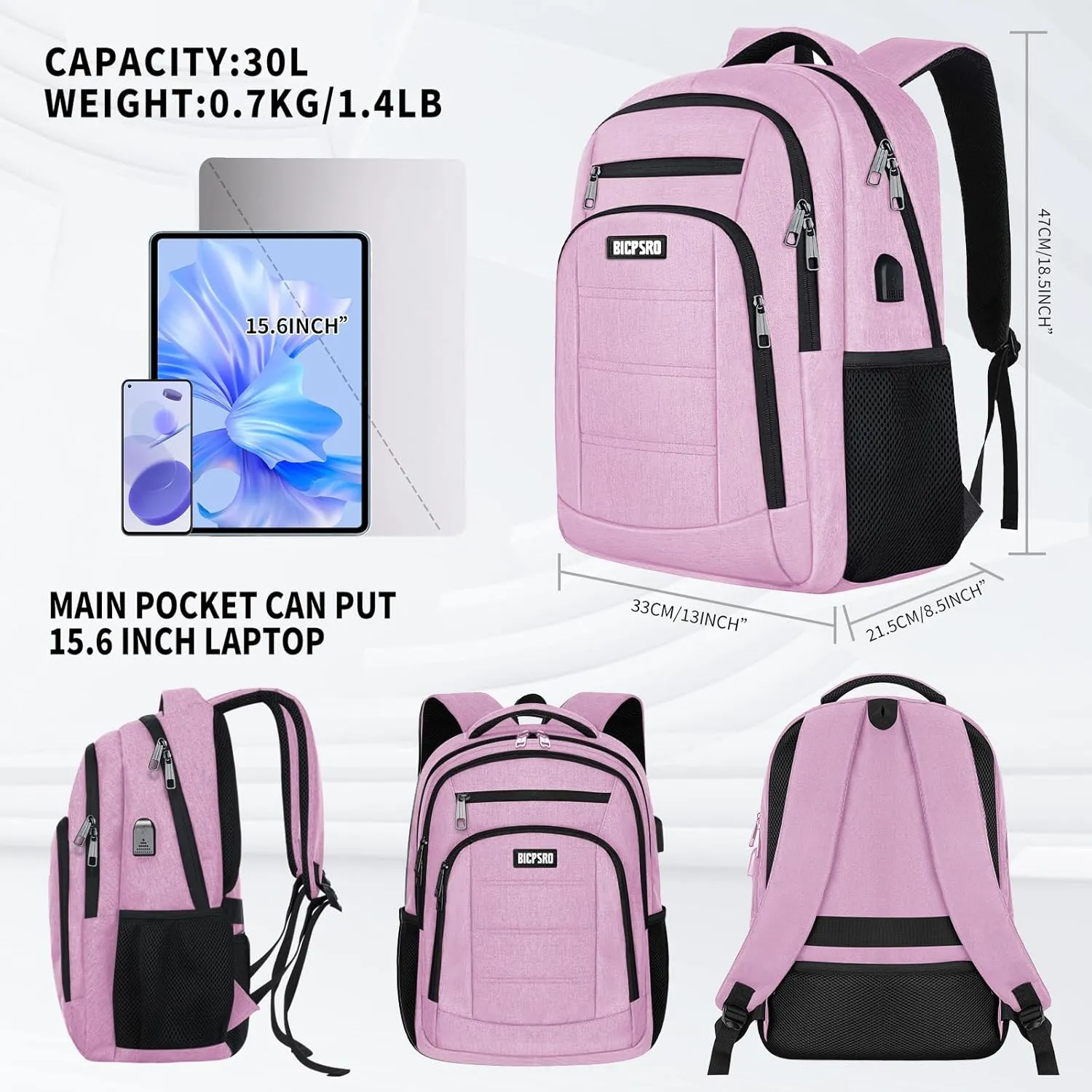 Backpack for Women, School Backpack for Girls, Work Business Back pack with USB Charging Port,Water Resistant College Computer Bookbag Fits 15.6 Inch Laptop,Back Pack,Mochilas Pink