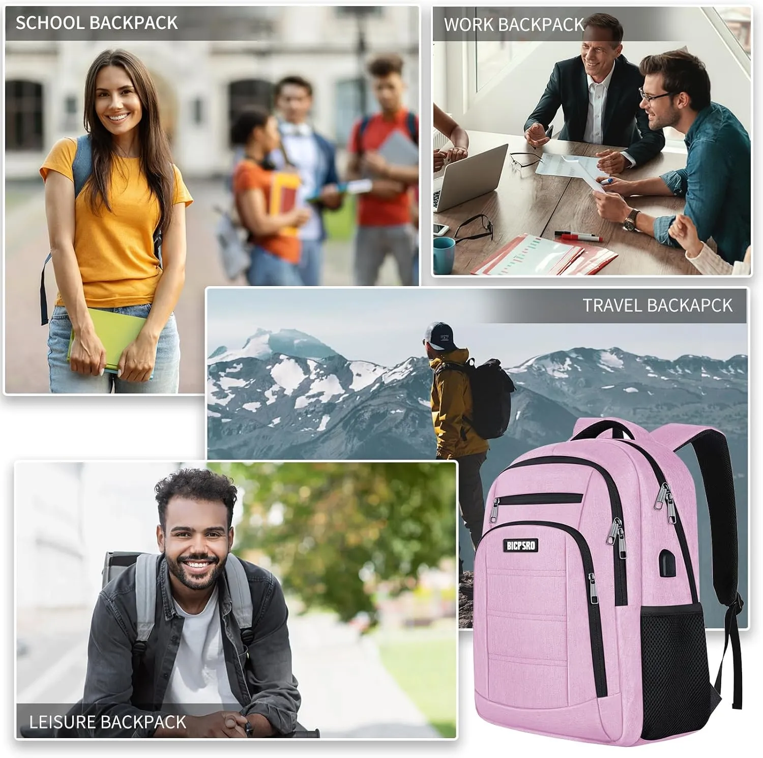 Backpack for Women, School Backpack for Girls, Work Business Back pack with USB Charging Port,Water Resistant College Computer Bookbag Fits 15.6 Inch Laptop,Back Pack,Mochilas Pink