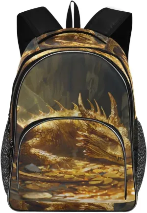 Backpack Greedy Golden Dragon Lying on Coins Three Layer Arc Laptop Daypack