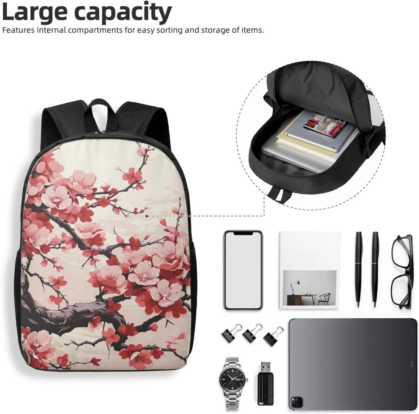 Backpack Japanese Floral Cherry Blossom Travel Casual Laptop Backpack 17 inch Waterproof Hiking Daypack for Men Women