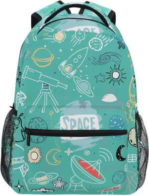Backpack Space Science Universe Rocket Planet Green Cute Daypack Shoulder Bag with Name Label Tag for Travel Hiking Casual Camping Sports Gym